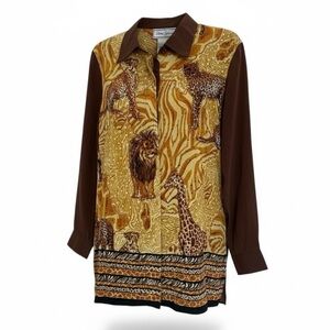 NWT Diane Gilman Sequin Silk Safari Print Button Up Blouse Size S Funky African